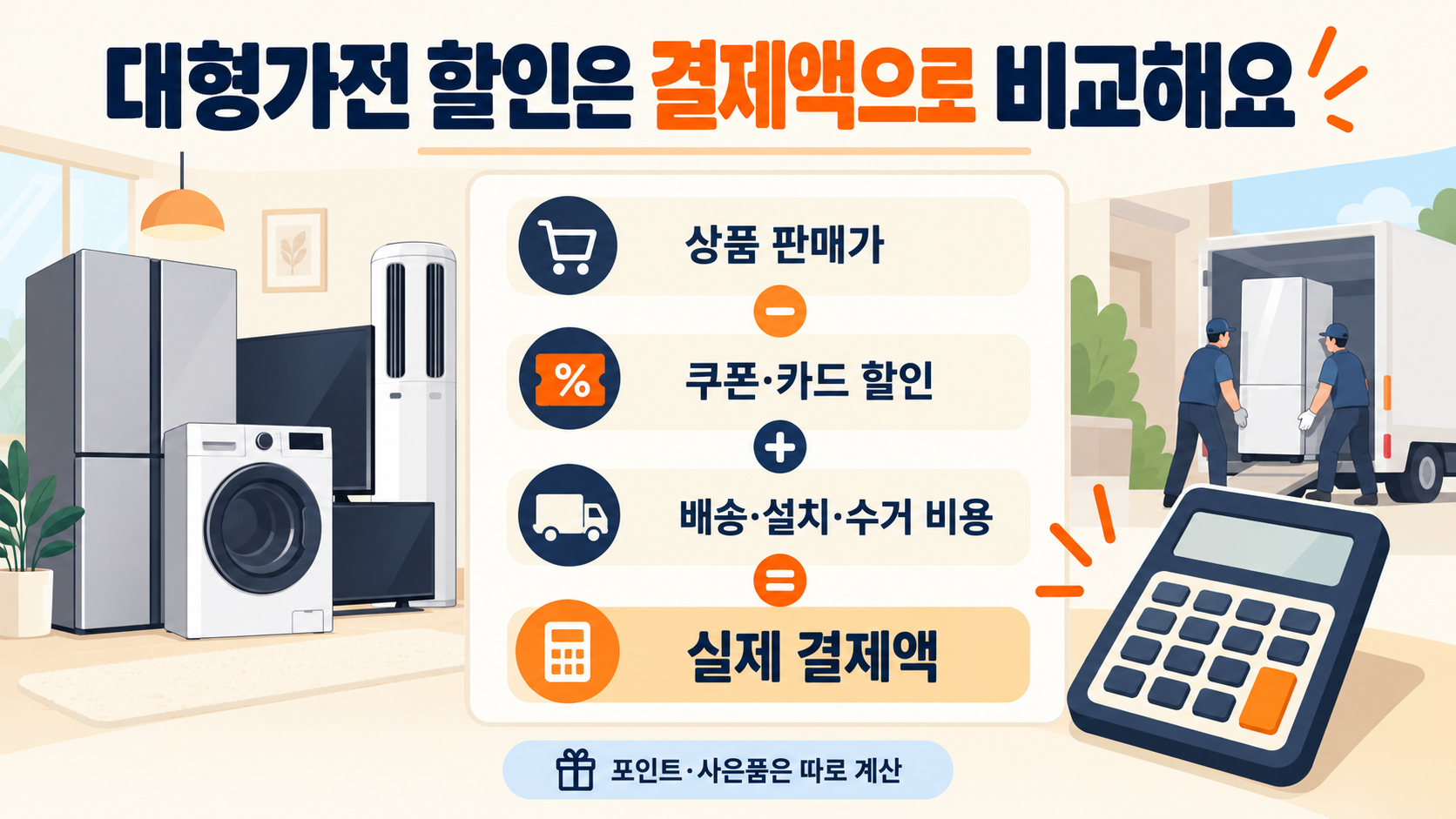 대형가전 구매에서 상품 판매가에서 쿠폰·카드 할인을 반영하고 배송·설치·수거 비용을 더해 실제 결제액을 비교하는 도식