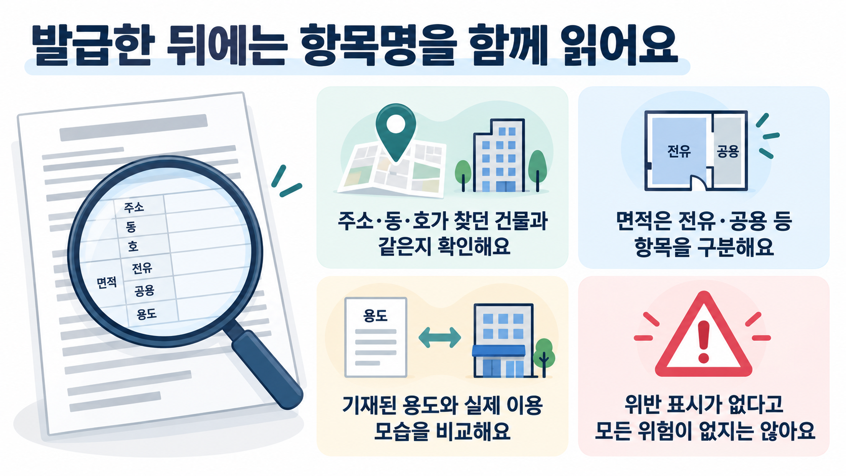주소와 동·호 일치, 면적 항목 구분, 용도 비교, 위반 표시의 한계를 설명하는 점검표