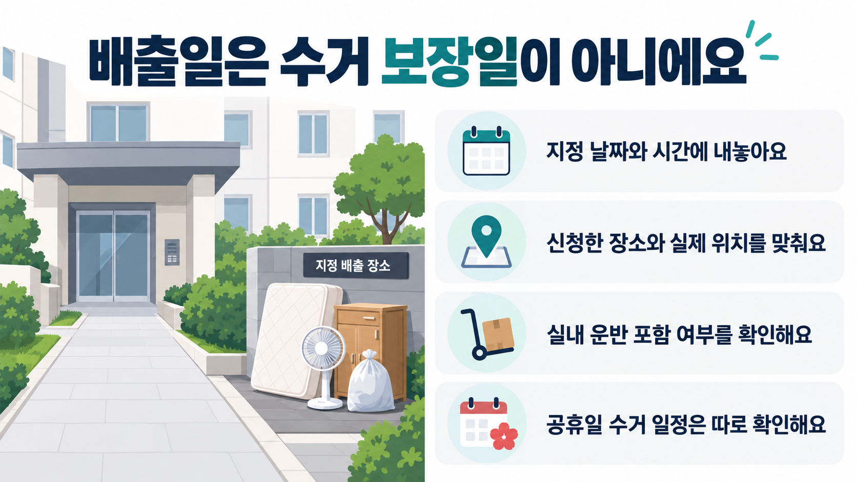 배출일과 수거일 구분, 지정 시간, 정확한 배출 위치, 실내 운반과 공휴일 일정 확인