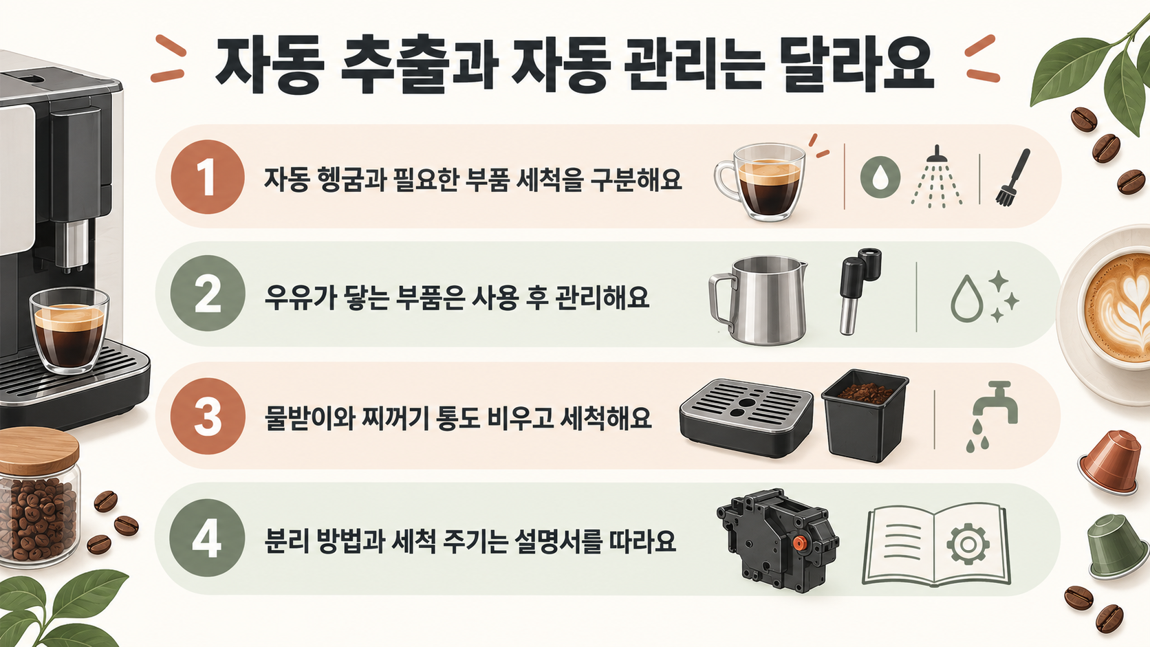 커피머신의 자동 헹굼, 우유 부품, 물받이와 찌꺼기 통, 모델별 세척 지침을 확인하는 관리 체크리스트