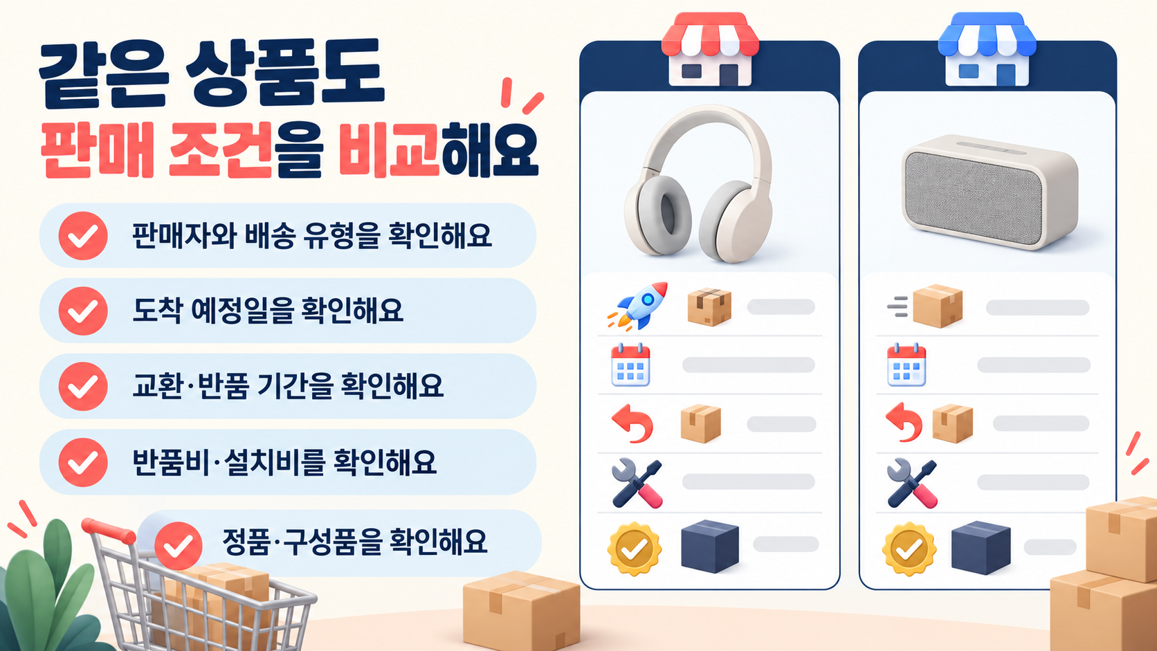 판매자와 배송 유형, 도착일, 교환·반품 기간, 반품비·설치비, 정품과 구성품을 비교하는 그림이에요