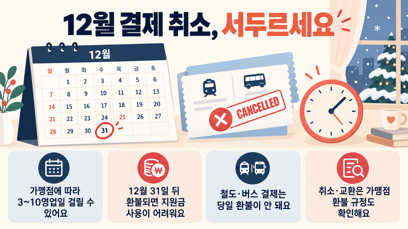 문화누리카드의 12월 결제 취소는 가맹점에 따라 환불에 영업일이 걸릴 수 있고 사용기한 뒤에는 지원금을 다시 쓰기 어려움을 알리는 이미지예요