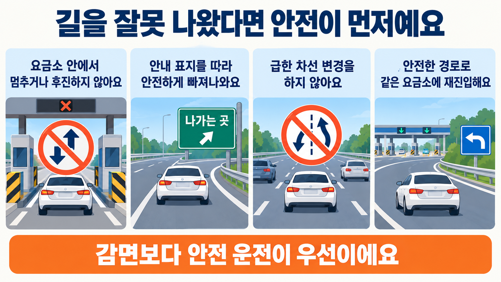 고속도로 출구를 잘못 나왔더라도 요금소 안에서 멈추거나 후진하지 않고 표지를 따라 빠져나와 급차선 변경 없이 안전한 경로로 이동해야 한다는 운전 안전 안내 이미지
