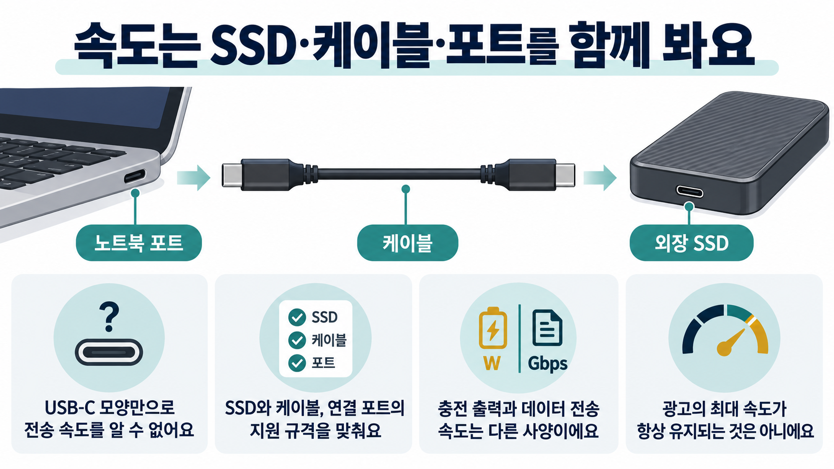 외장 SSD 속도는 노트북 포트, 케이블, SSD의 지원 규격을 함께 확인해야 한다는 설명