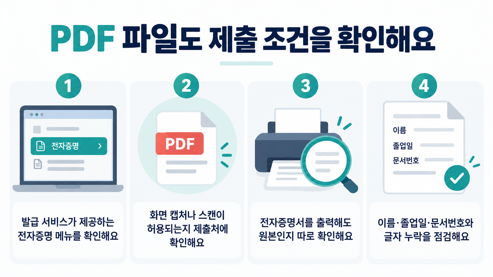 전자증명 메뉴, 캡처와 스캔 허용 여부, 출력물 원본 여부, 이름과 문서번호 누락을 확인하는 PDF 제출 체크리스트