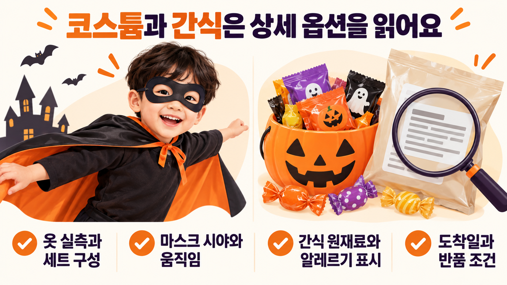 코스튬은 실측과 세트 구성을, 마스크는 시야와 움직임을, 간식은 원재료와 알레르기 표시를 확인하고 도착일과 반품 조건까지 살피는 안내예요.