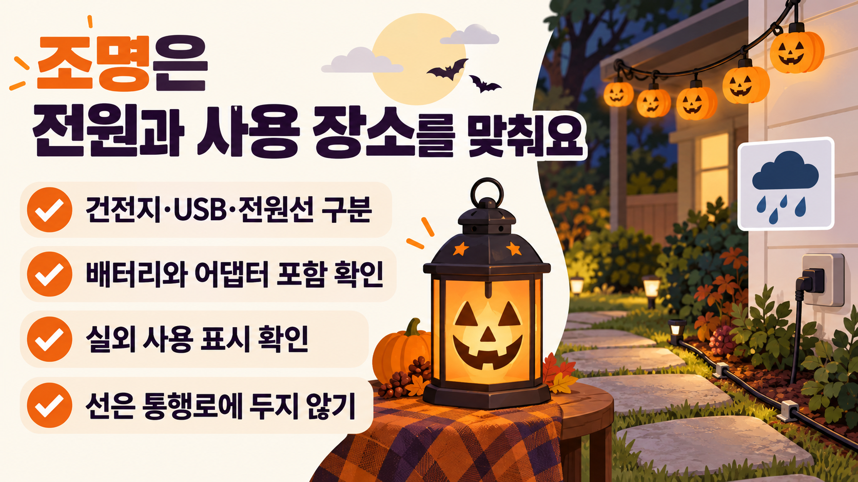 건전지·USB·전원선 방식과 부속품 포함 여부, 실외 사용 표시, 전선이 통행로에 놓이지 않는지를 비교하는 할로윈 조명 구매 안내예요.