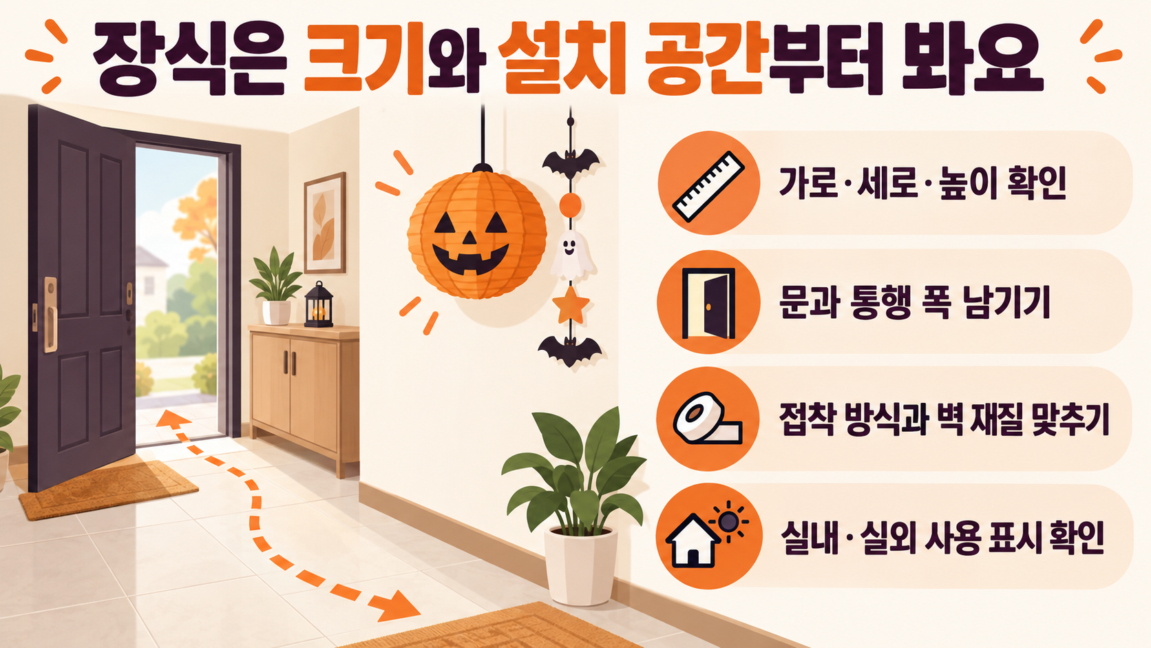 할로윈 풍선과 벽 장식을 주문하기 전 가로·세로·높이, 문과 통행 폭, 접착 방식, 실내·실외 사용 표시를 확인하는 안내예요.