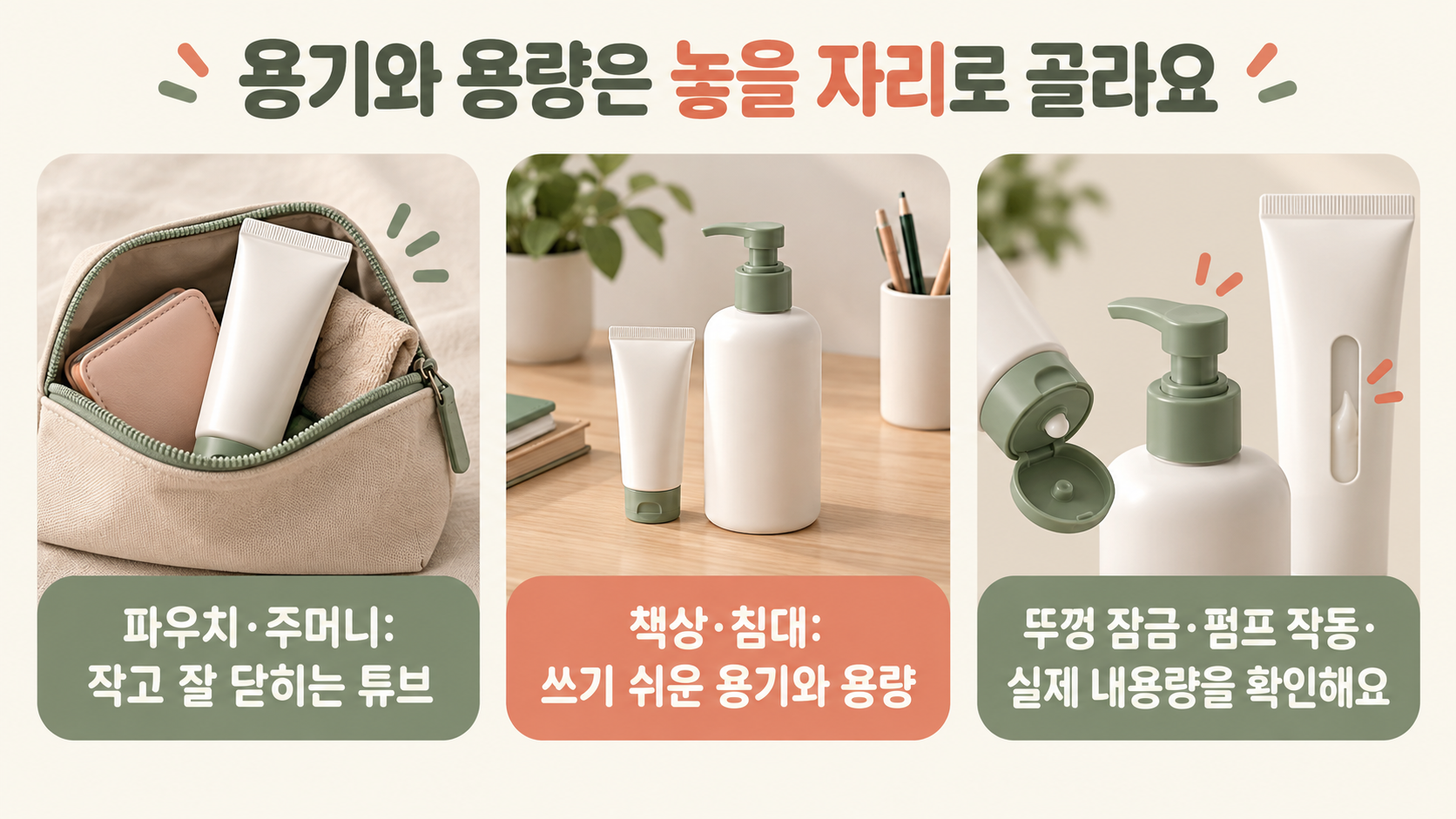 파우치와 책상, 침대 옆 사용 장소별로 튜브와 펌프 용기를 고르는 기준을 보여주는 그림