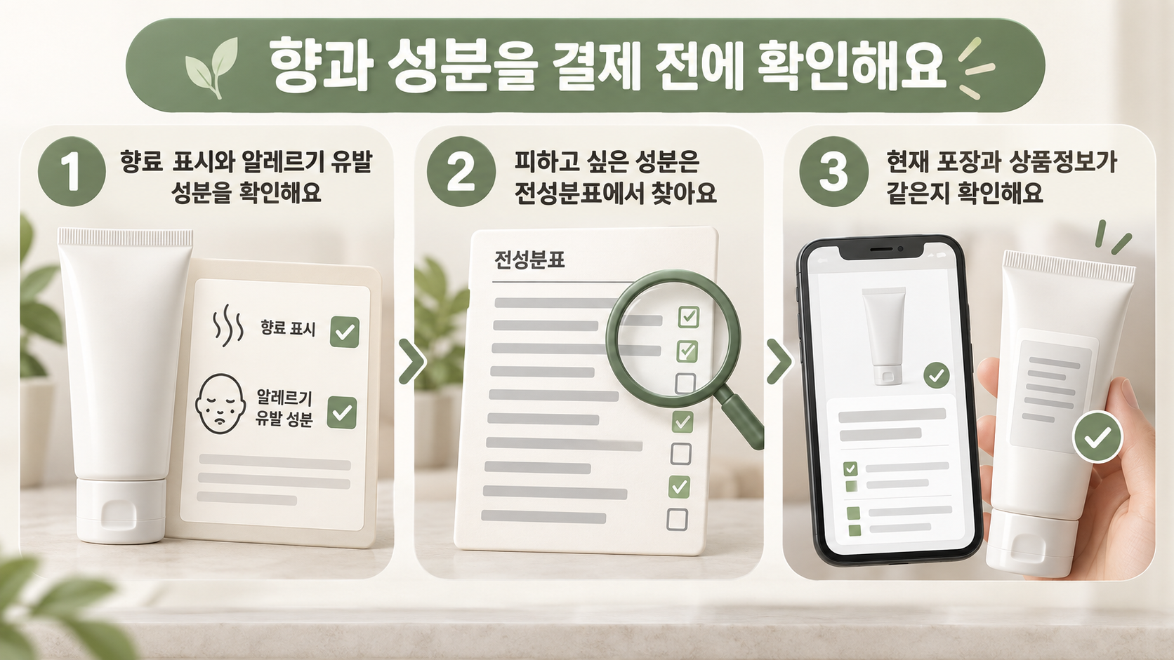 핸드크림 향과 성분을 구매 전에 확인하는 순서와 현재 포장 대조 기준을 설명하는 그림