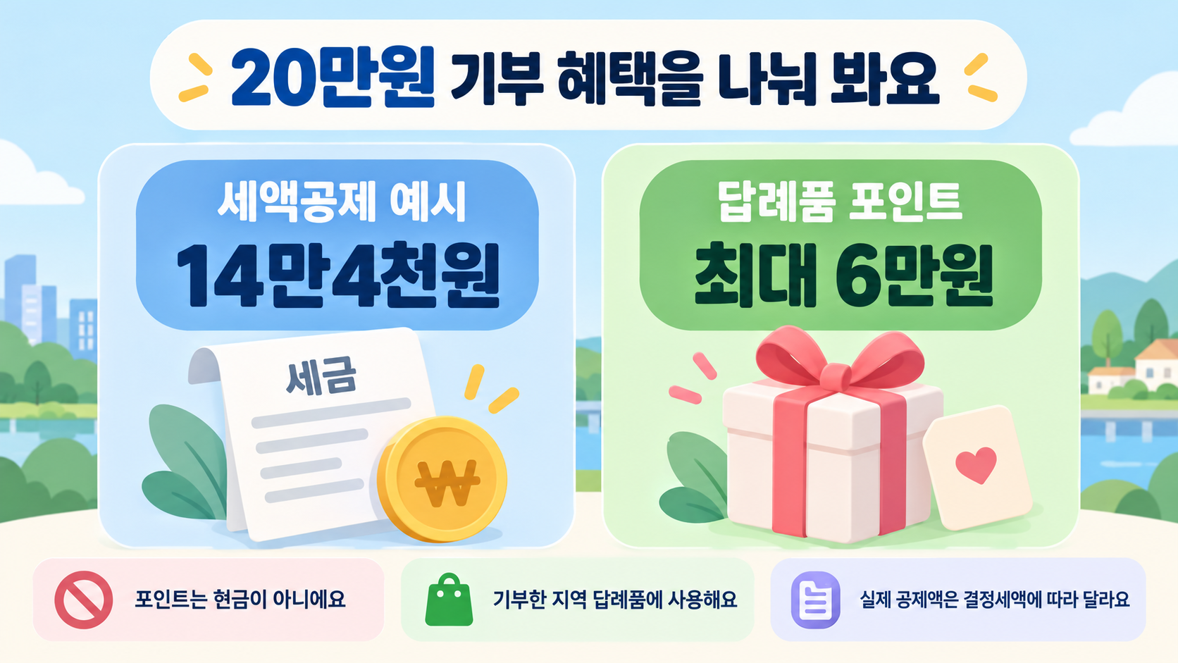 20만원 기부 사례에서 예시 세액공제 14만4천원과 최대 6만원 상당 답례품 포인트를 구분하고 포인트는 현금이 아니며 실제 공제액은 결정세액에 따라 달라진다고 설명하는 그림