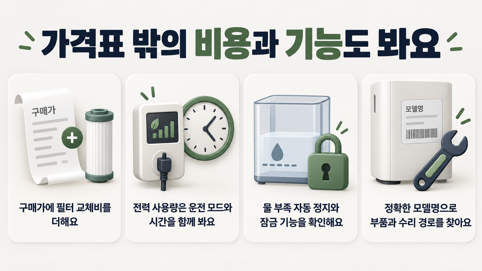 필터 교체비, 모드와 사용시간에 따른 전력량, 물 부족 정지와 잠금 기능, 모델별 부품과 수리 경로를 비교하는 구매 체크리스트
