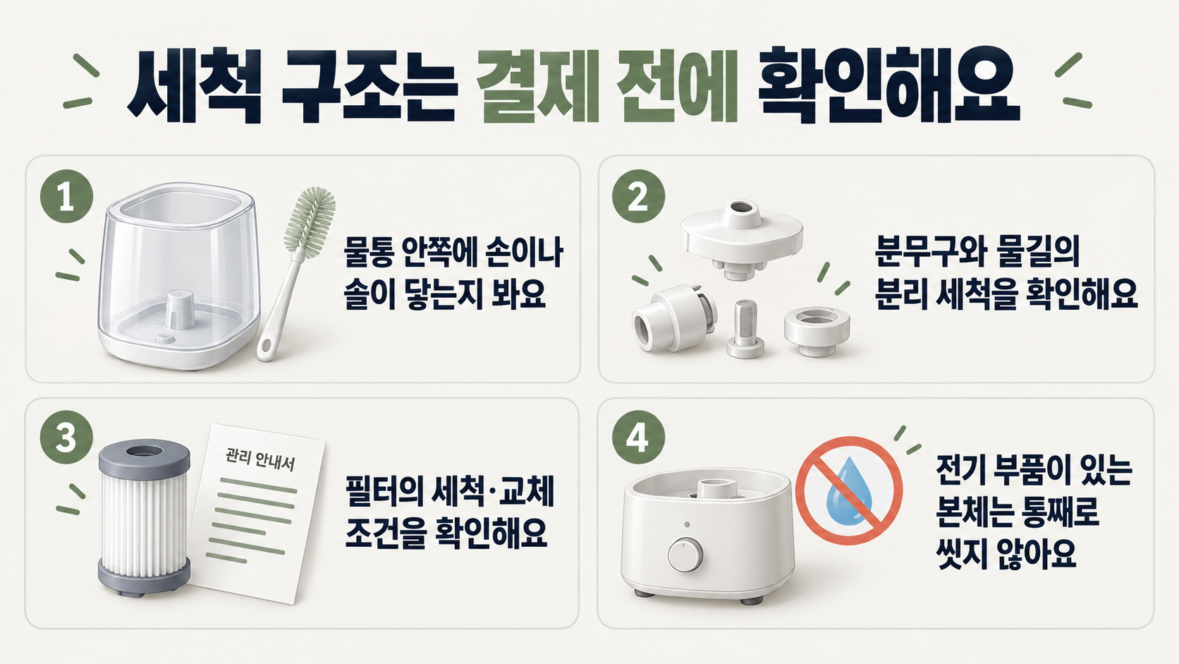 물통 안쪽 접근성, 분무구와 물길 분리, 필터 세척과 교체 조건, 전기 본체의 통세척 금지를 확인하는 네 가지 항목
