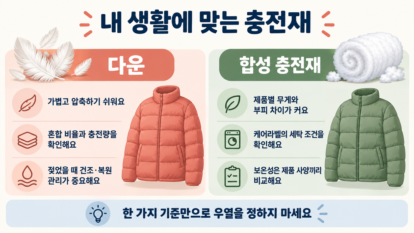 다운과 합성 충전재의 휴대성, 혼합비·세탁 라벨 확인, 제품별 사양 비교를 나눠 보여주는 인포그래픽