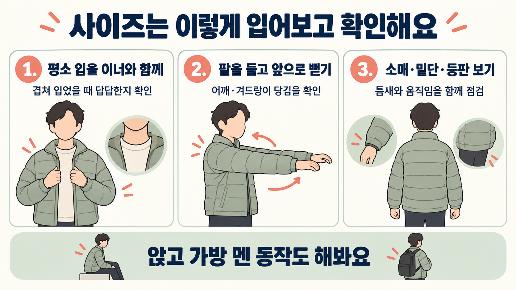 평소 입을 이너를 입고 팔을 움직이며 어깨와 겨드랑이, 소매, 밑단, 등판을 확인하는 경량패딩 피팅 3단계