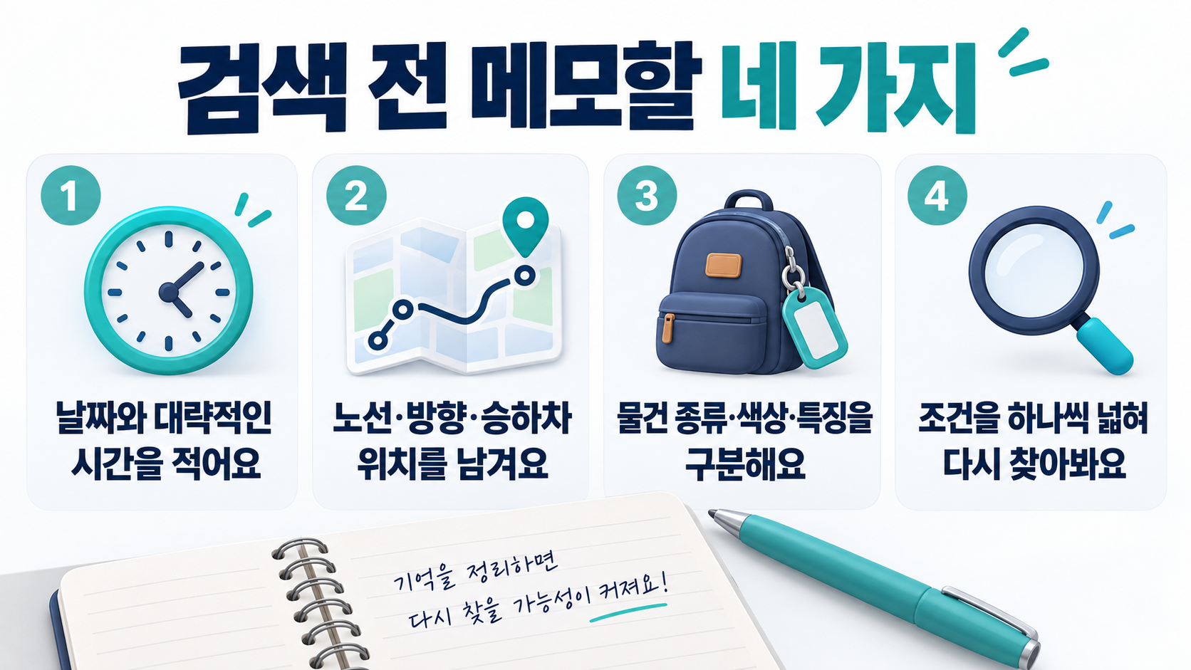 분실 날짜와 시간, 노선과 승하차 위치, 물건의 색상과 특징을 메모하고 검색 조건을 넓히는 방법