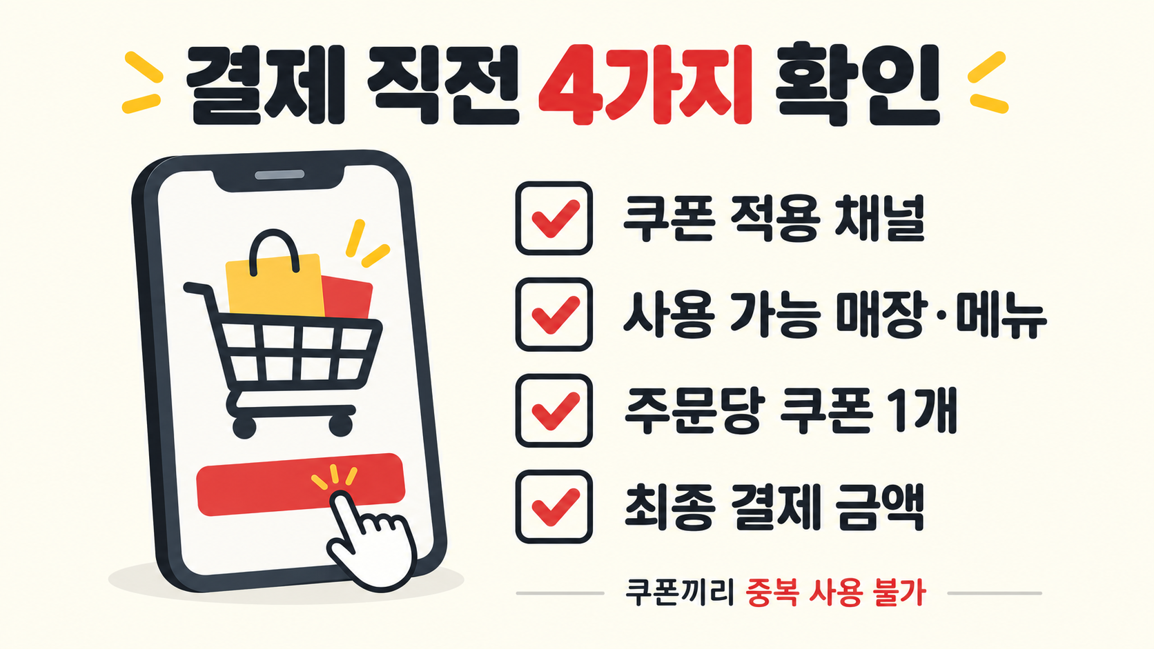 주문 전 쿠폰 적용 채널, 사용 가능 매장과 메뉴, 주문당 한 장 제한, 최종 결제액을 점검하는 체크리스트