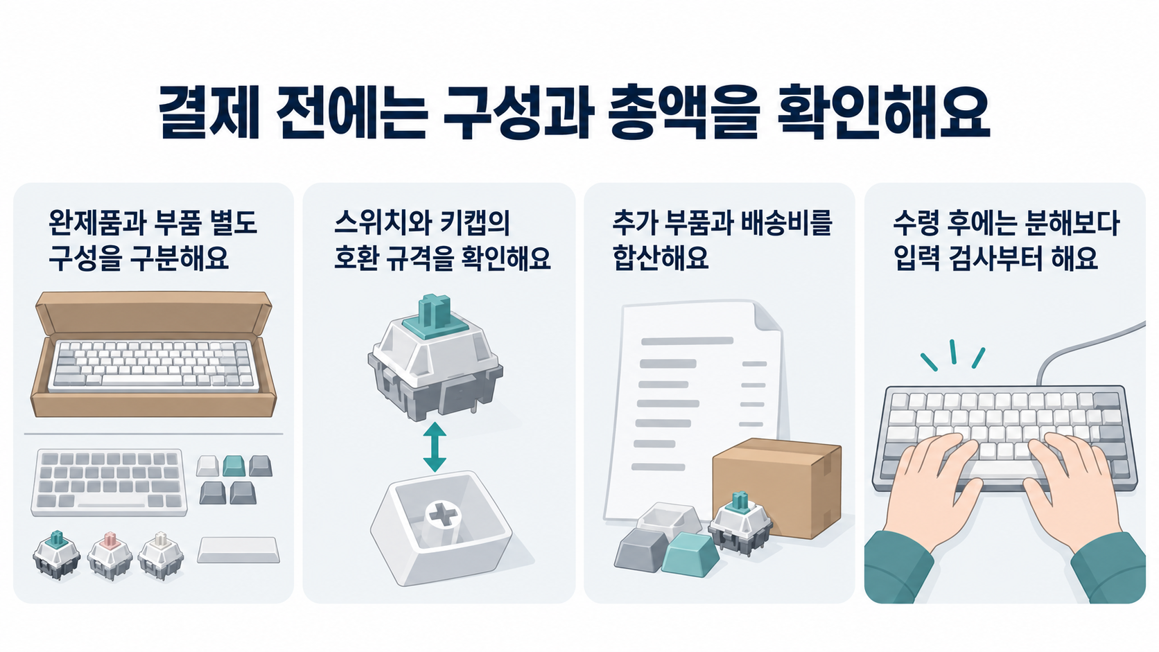 완제품과 부품 별도 구성, 스위치와 키캡 호환, 배송비 포함 총액, 수령 후 입력 검사의 네 가지 확인 항목