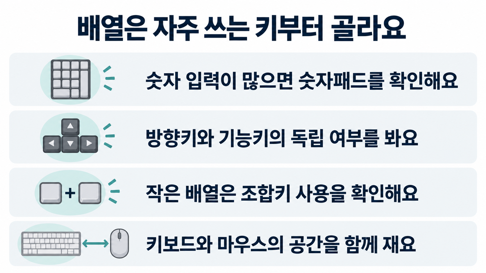 숫자패드, 방향키, 기능키, 조합키와 책상 공간으로 키보드 배열을 고르는 네 가지 기준