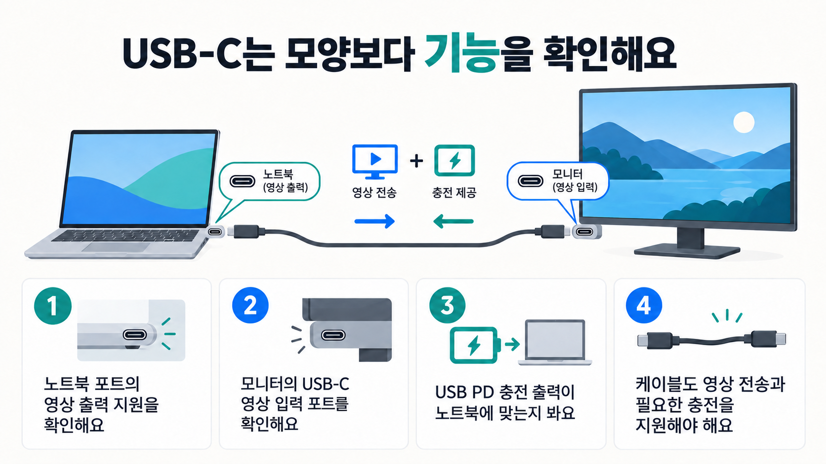 노트북 영상 출력, 모니터 영상 입력, USB PD 출력, 케이블 지원 기능을 확인하는 USB-C 연결 체크리스트