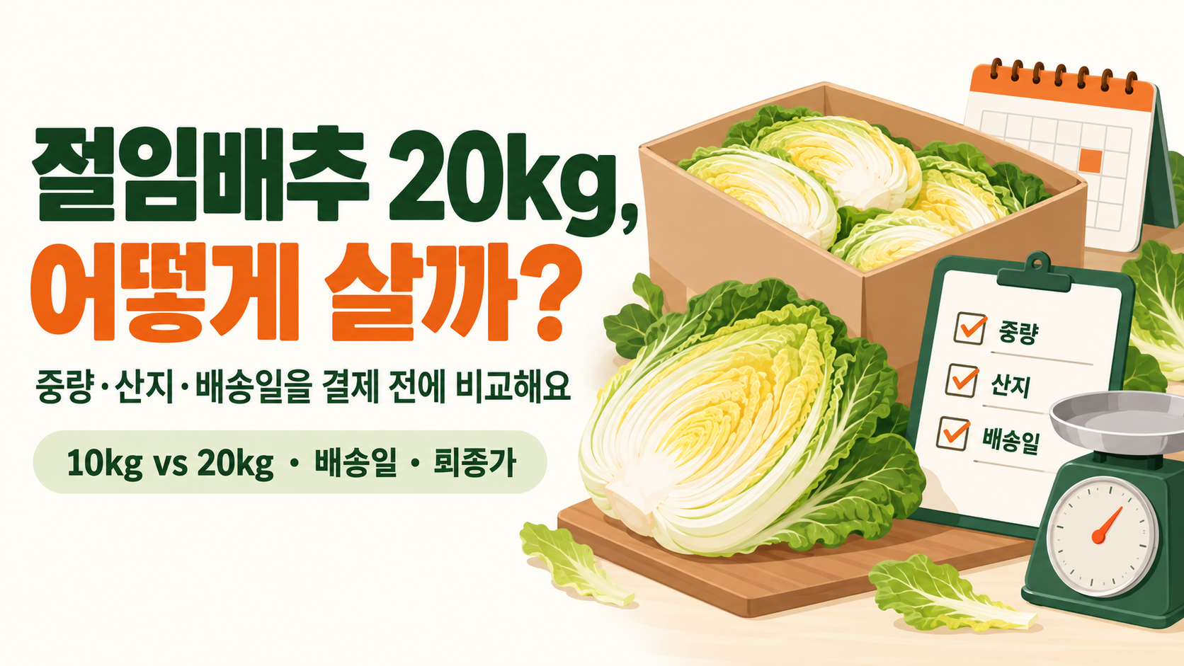 절임배추 20kg 구매 가이드: 중량·원산지·배송일 비교 체크리스트