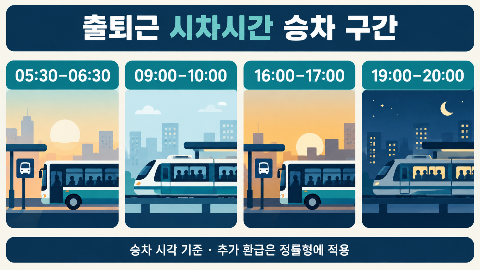 시차시간 추가 환급을 위한 승차 시간 네 구간인 오전 5시 30분부터 6시 30분, 오전 9시부터 10시, 오후 4시부터 5시, 오후 7시부터 8시와 정률형 적용 안내