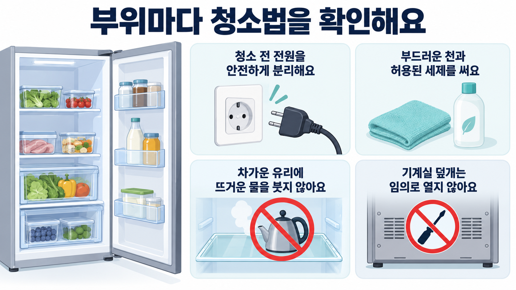 청소 전에 전원을 분리하고 부드러운 천과 허용된 세제를 사용하며 차가운 유리에 뜨거운 물을 붓지 않고 기계실 덮개를 임의로 열지 않는 주의사항
