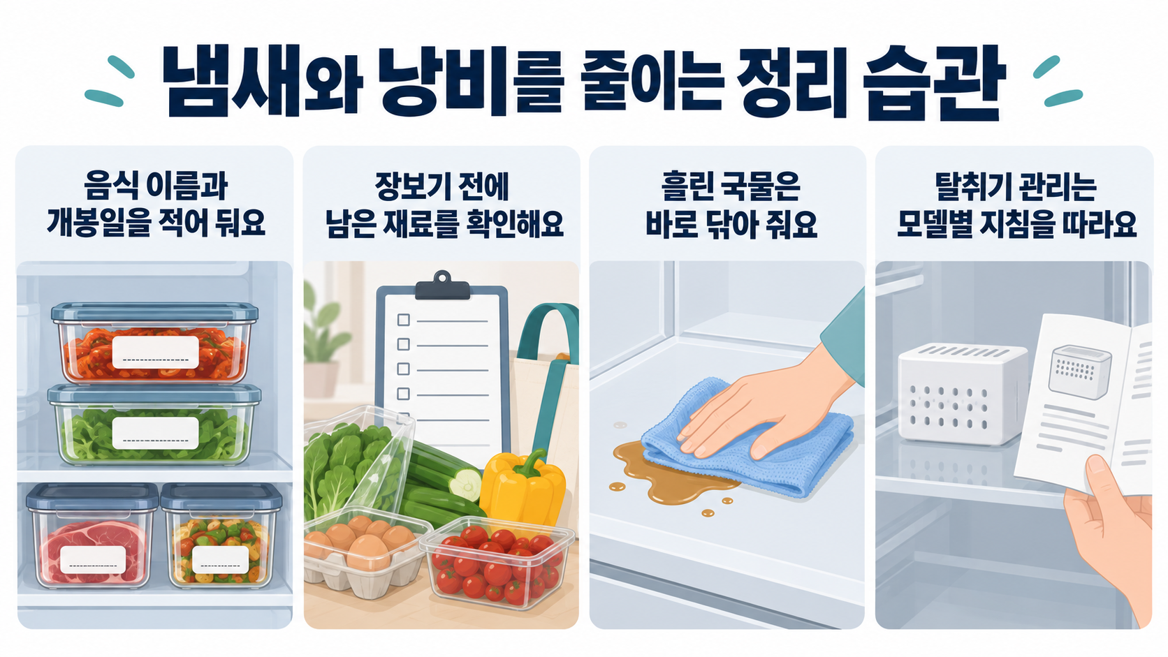 음식 이름과 개봉일을 기록하고 장보기 전 남은 재료를 확인하며 흘린 국물을 바로 닦고 탈취기를 모델별 지침에 따라 관리하는 생활 습관