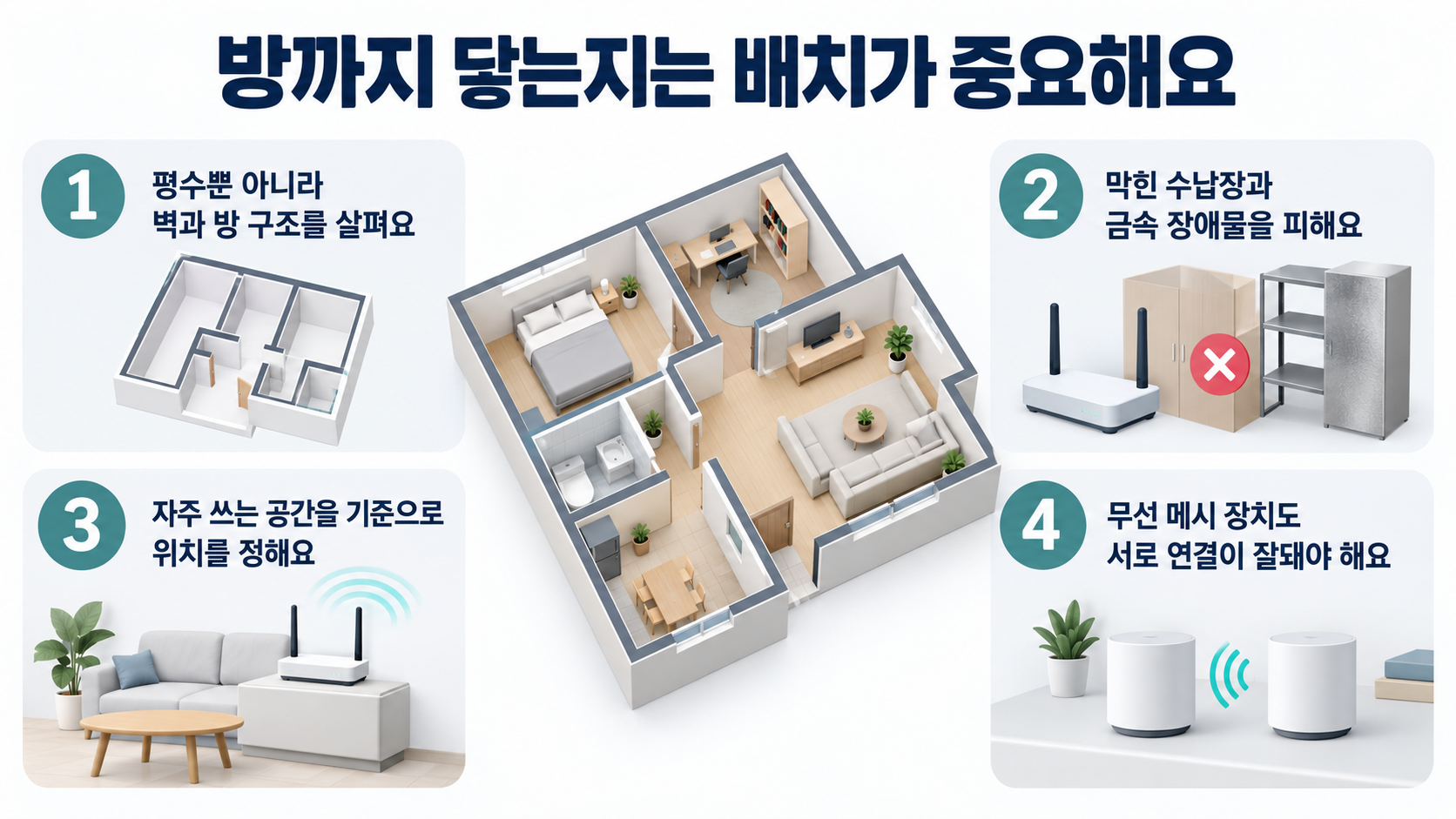 공유기 배치 점검: 벽과 방 구조, 닫힌 수납장과 금속 장애물, 사용 공간, 메시 장치 사이 연결