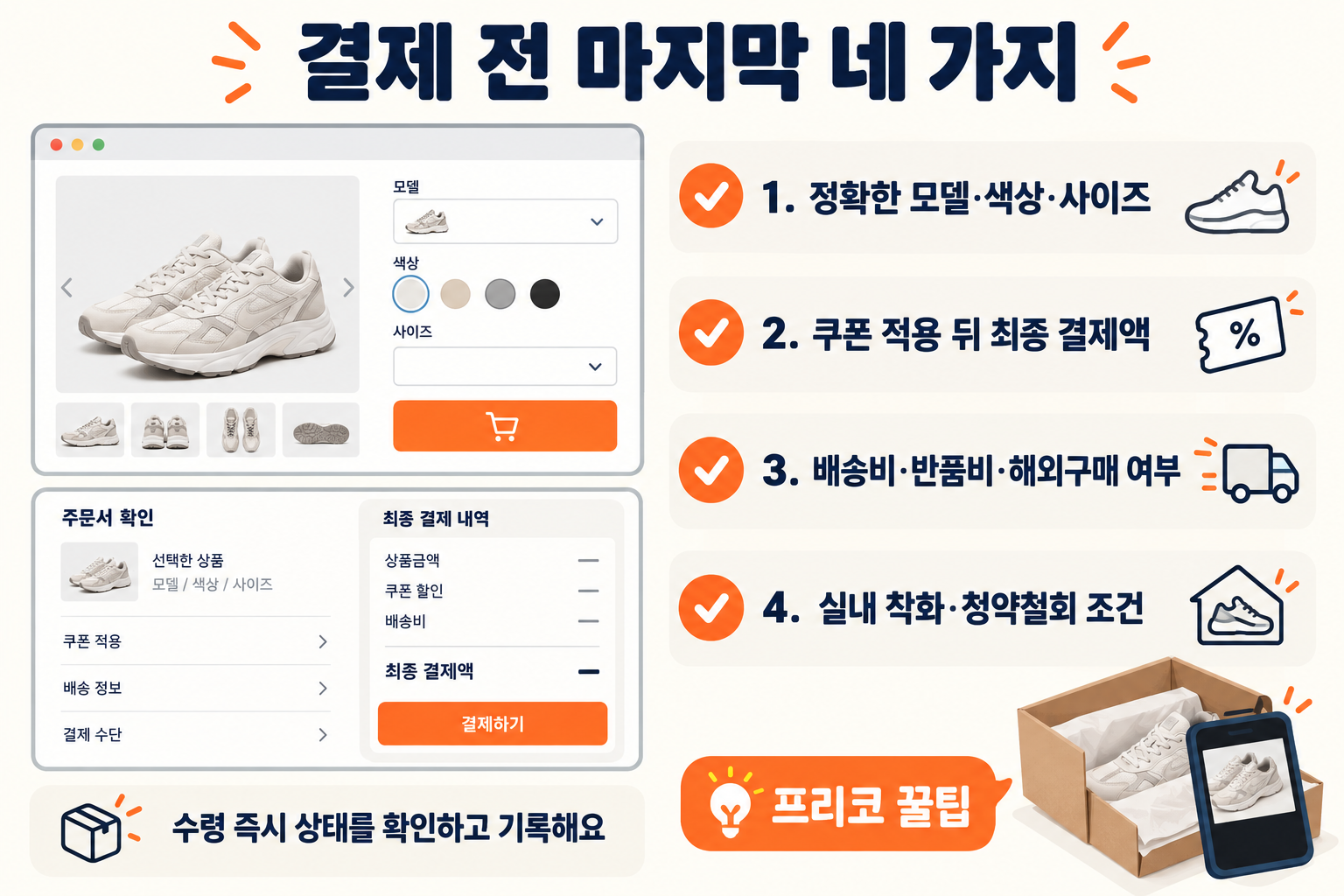 러닝화 온라인 구매에서 정확한 모델과 사이즈, 쿠폰 적용 최종가, 배송비와 반품 조건을 확인하는 결제 직전 네 항목
