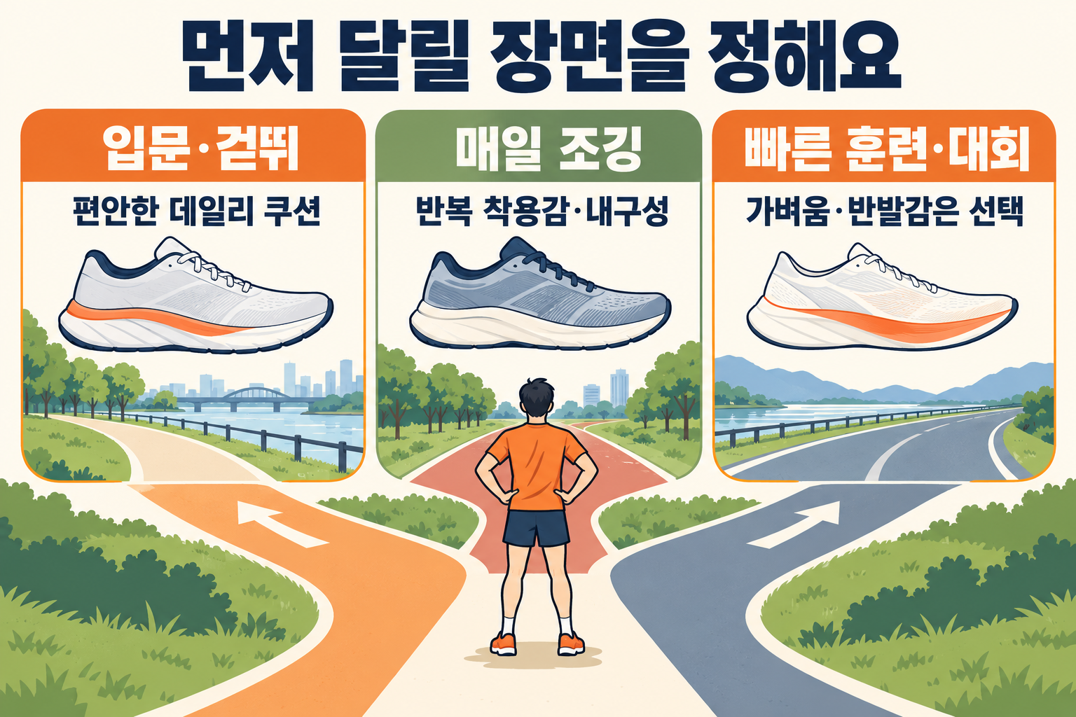 입문 걷뛰, 매일 조깅, 빠른 훈련과 대회처럼 러닝 장면별로 우선할 선택 기준