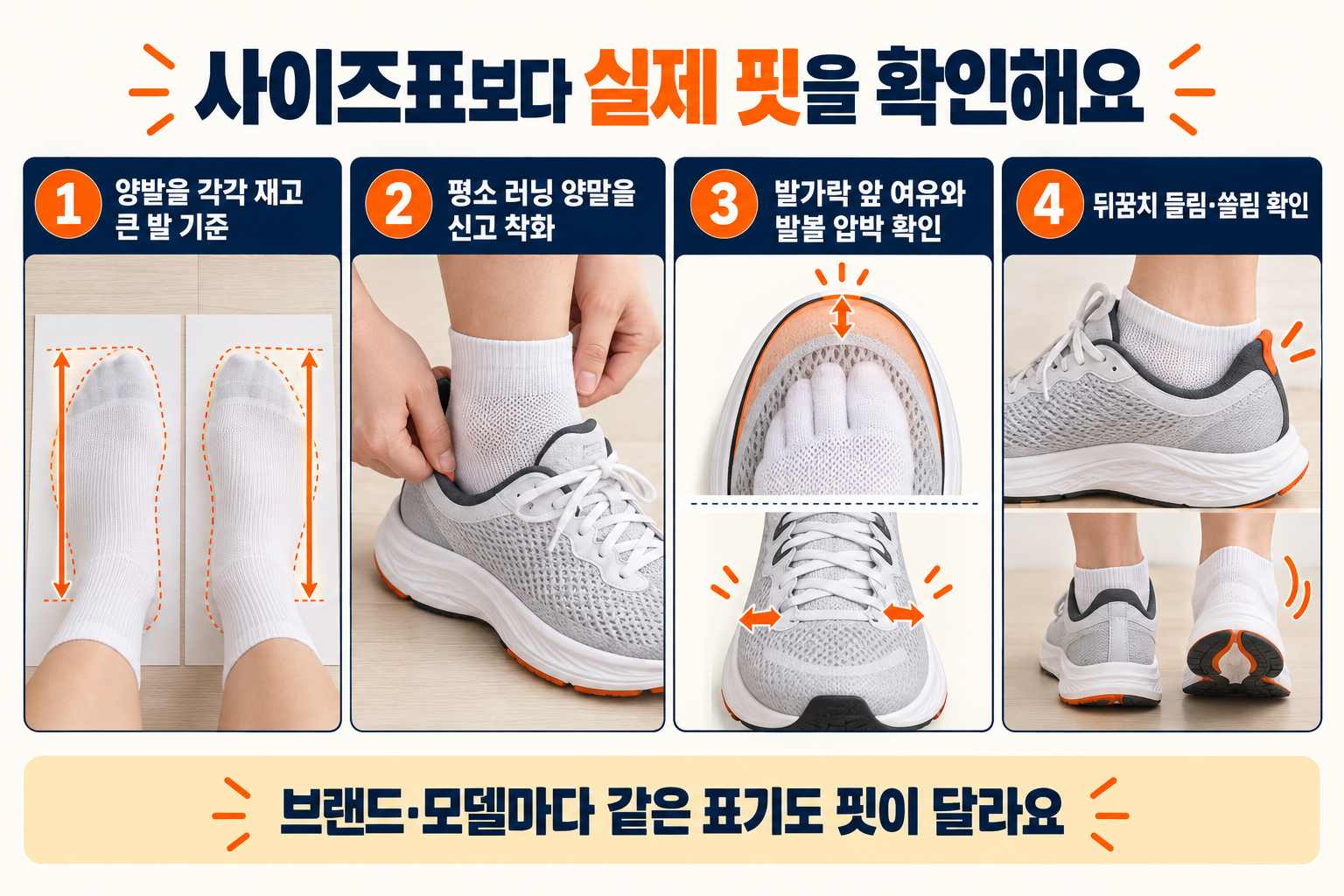 양발을 따로 재고 평소 러닝 양말을 신은 뒤 앞코 여유, 발볼 압박, 뒤꿈치 들림을 확인하는 착화 점검