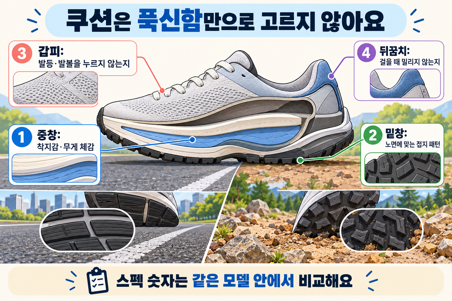 러닝화의 중창, 밑창, 갑피와 뒤꿈치 부분을 구분하고 도로와 흙길에 필요한 차이를 보는 구매 체크