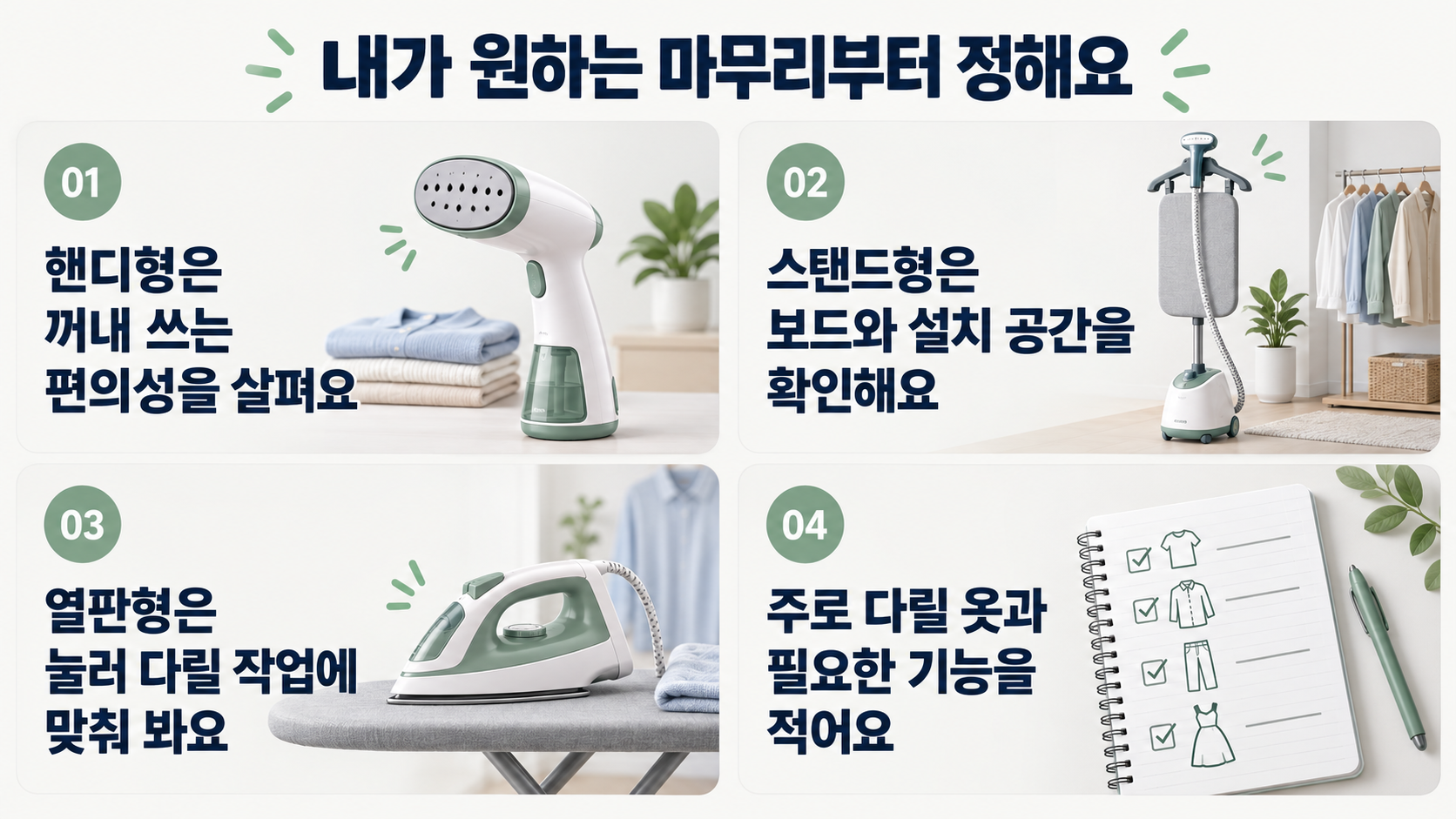 핸디형은 꺼내 쓰는 편의성, 스탠드형은 보드와 설치 공간, 열판형은 눌러 다리는 작업을 확인하고 주로 다릴 옷과 필요한 기능을 적는 네 가지 기준