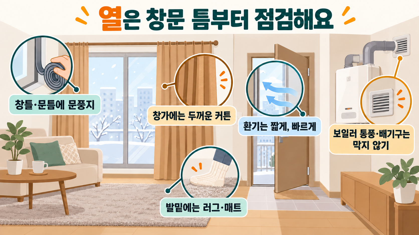 창틀과 문틈에 문풍지를 붙이고 창가에 두꺼운 커튼을 달며 발밑에 러그를 두고 짧게 환기하되 보일러 통풍과 배기구를 막지 않는 그림