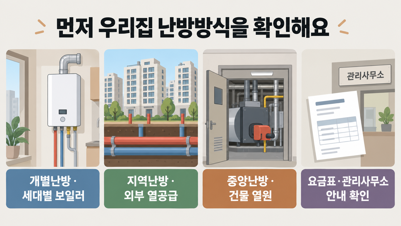개별난방의 세대별 보일러, 지역난방의 외부 열공급, 중앙난방의 건물 열원을 구분하고 요금표와 관리사무소 안내를 확인하는 그림
