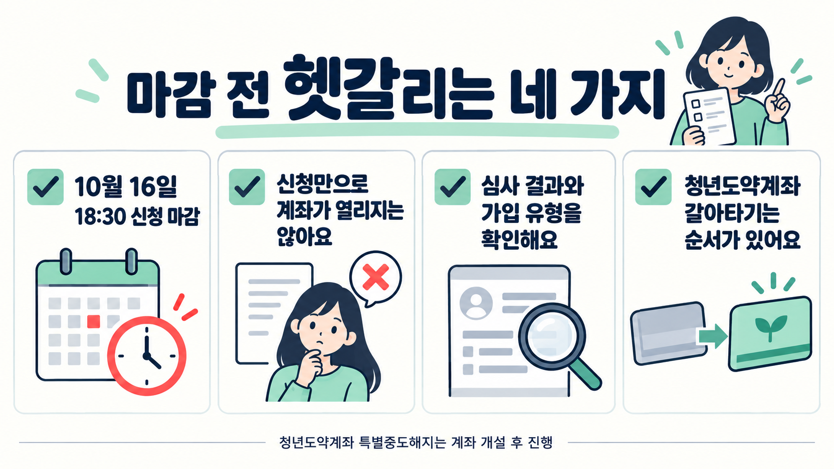 10월 16일 오후 6시 30분 신청 마감, 신청과 계좌 개설의 차이, 심사 결과 확인, 청년도약계좌 갈아타기 순서를 점검하는 체크리스트예요