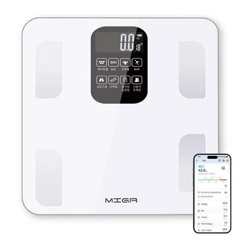 MIGA 스마트 가정용 블루투스 LCD 강화유리 인바디 체지방 체중계