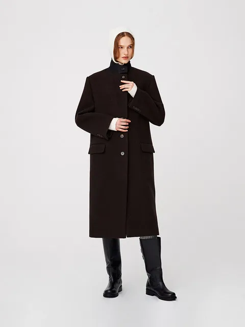 2-Way Collar Button Long Coat / Brown Twill