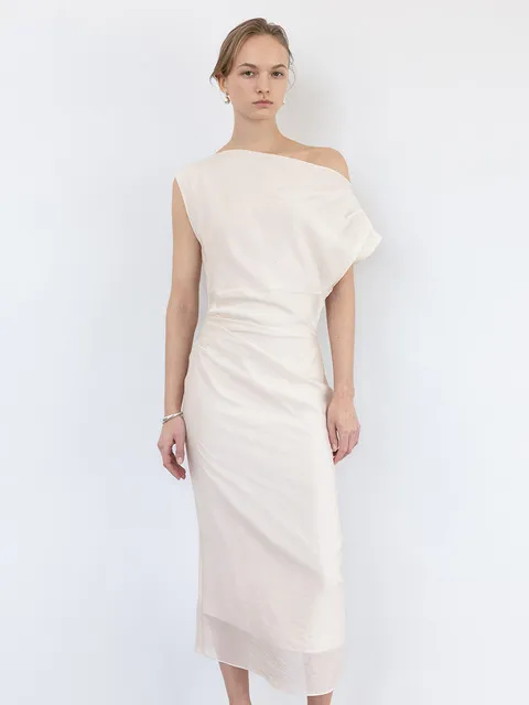 ROSELLA Cowl-neck unbalanced long dress (Oatmeal/Navy/Black)
