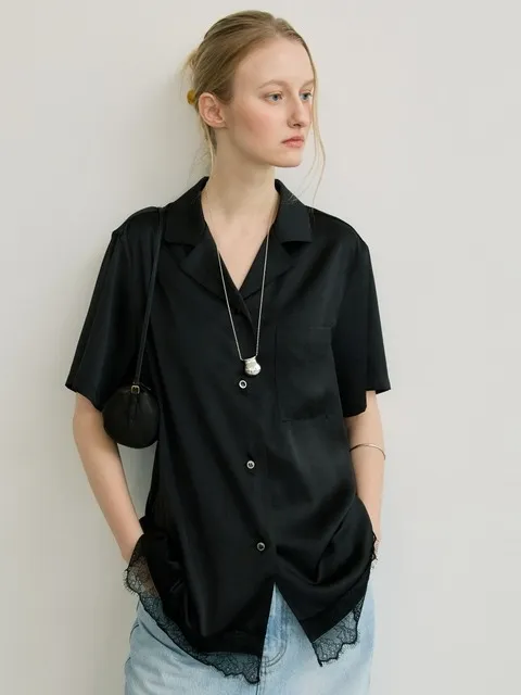 ETE SATIN HALF SHIRT - BLACK