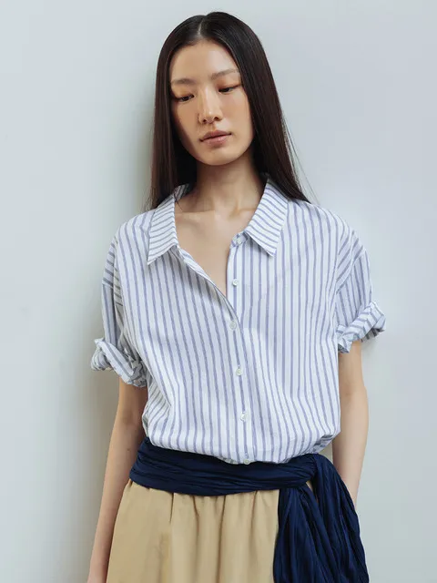 볼륨 소매 릴렉스핏 반팔 셔츠 (Light butter stripe/Light blue/White navy stripe)_2GMUBL14