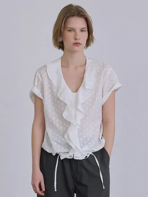 RUFFLE HALF SLEEVE BLOUSE (WHITE-FLORAL)