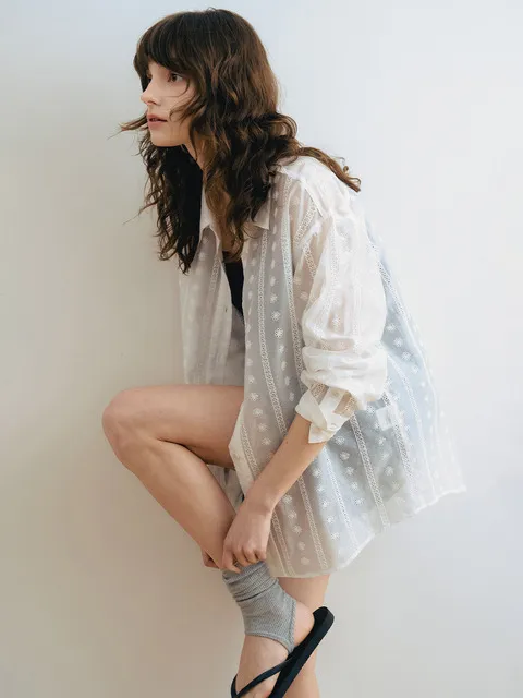 E Floral Tencel See Through Shirt_White