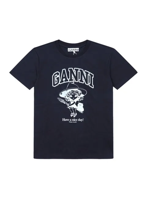 GANNI T4138 252 마녀 로고 프린트 여성 반팔티
