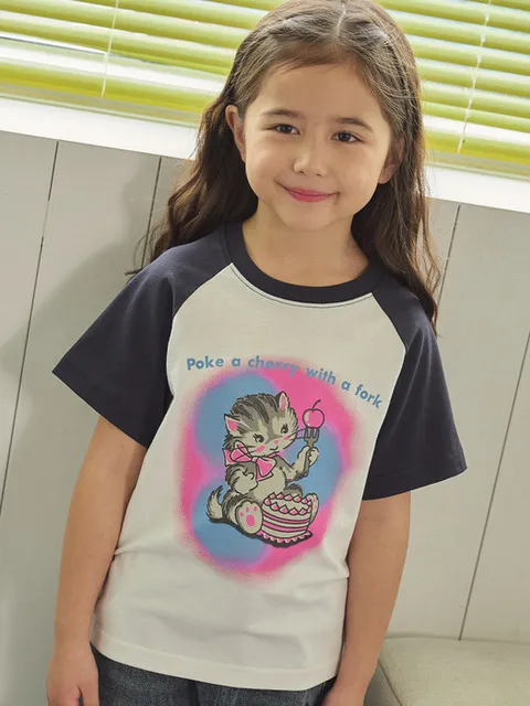 KIDS 체리 포크 레글런 반팔티 네이비
