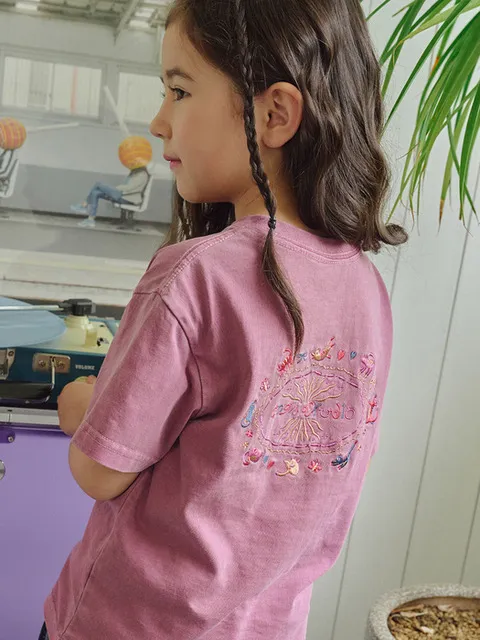 KIDS 캣스티치 피그먼트 반팔티 더스티핑크