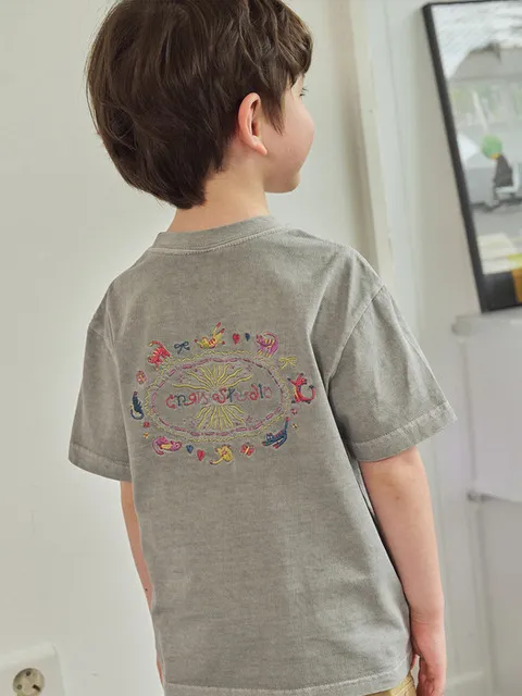 KIDS 캣스티치 피그먼트 반팔티 고스트그레이