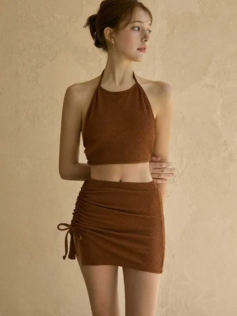 코스타 백리스 홀터넥 비키니 스커트 Set 3pcs - Brown