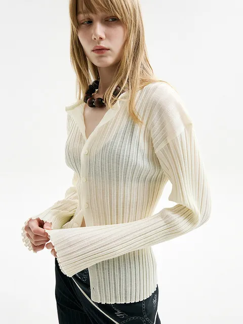 SHEER GLOSSY PLEATS CARDIGAN_LIGHT YELLOW